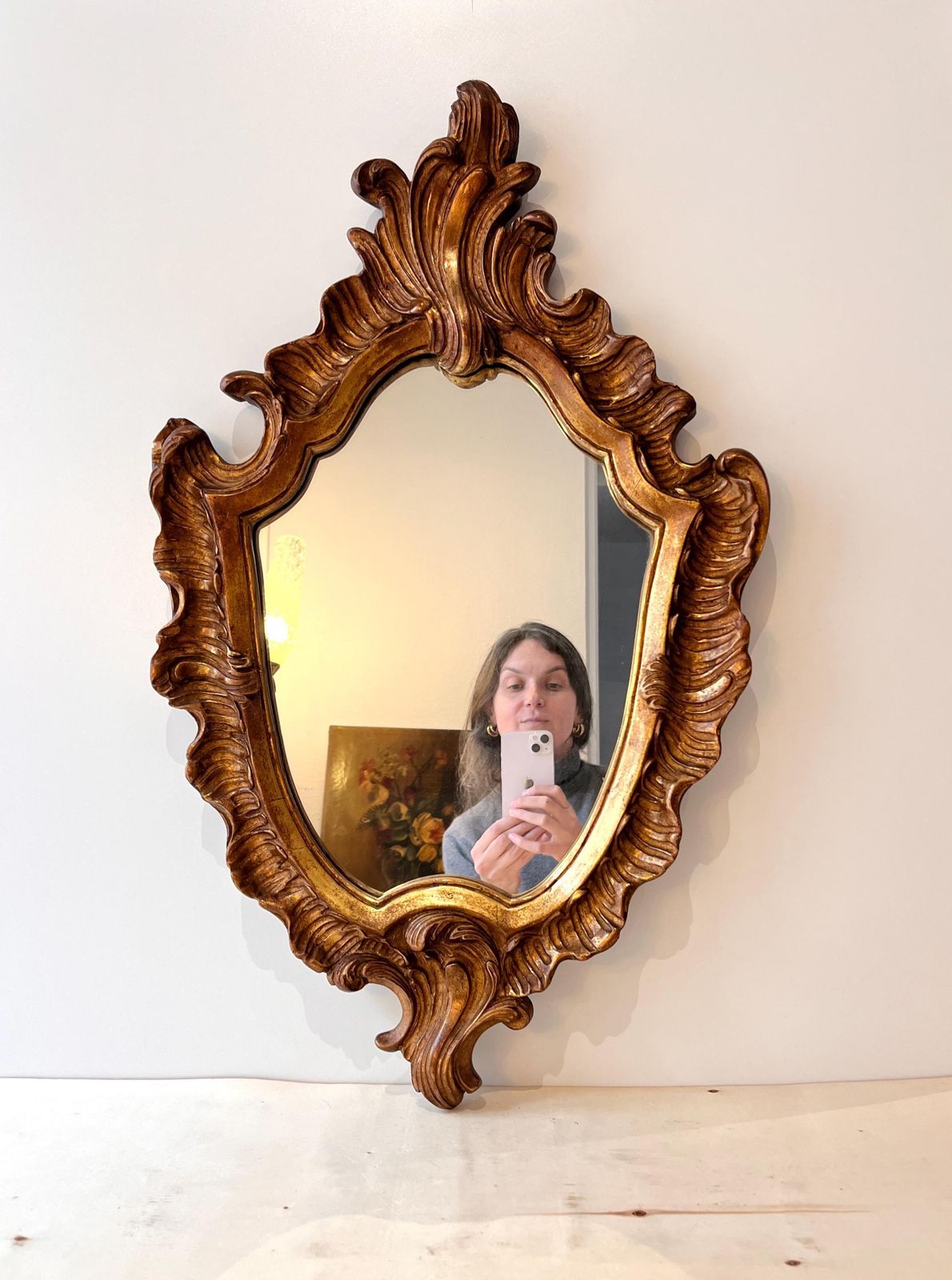 photo vinterior Antique Rococo Mirror In Wood And Gilded Stucco Circa 1920, Louis XV Style Mirror 27 X 17 In
