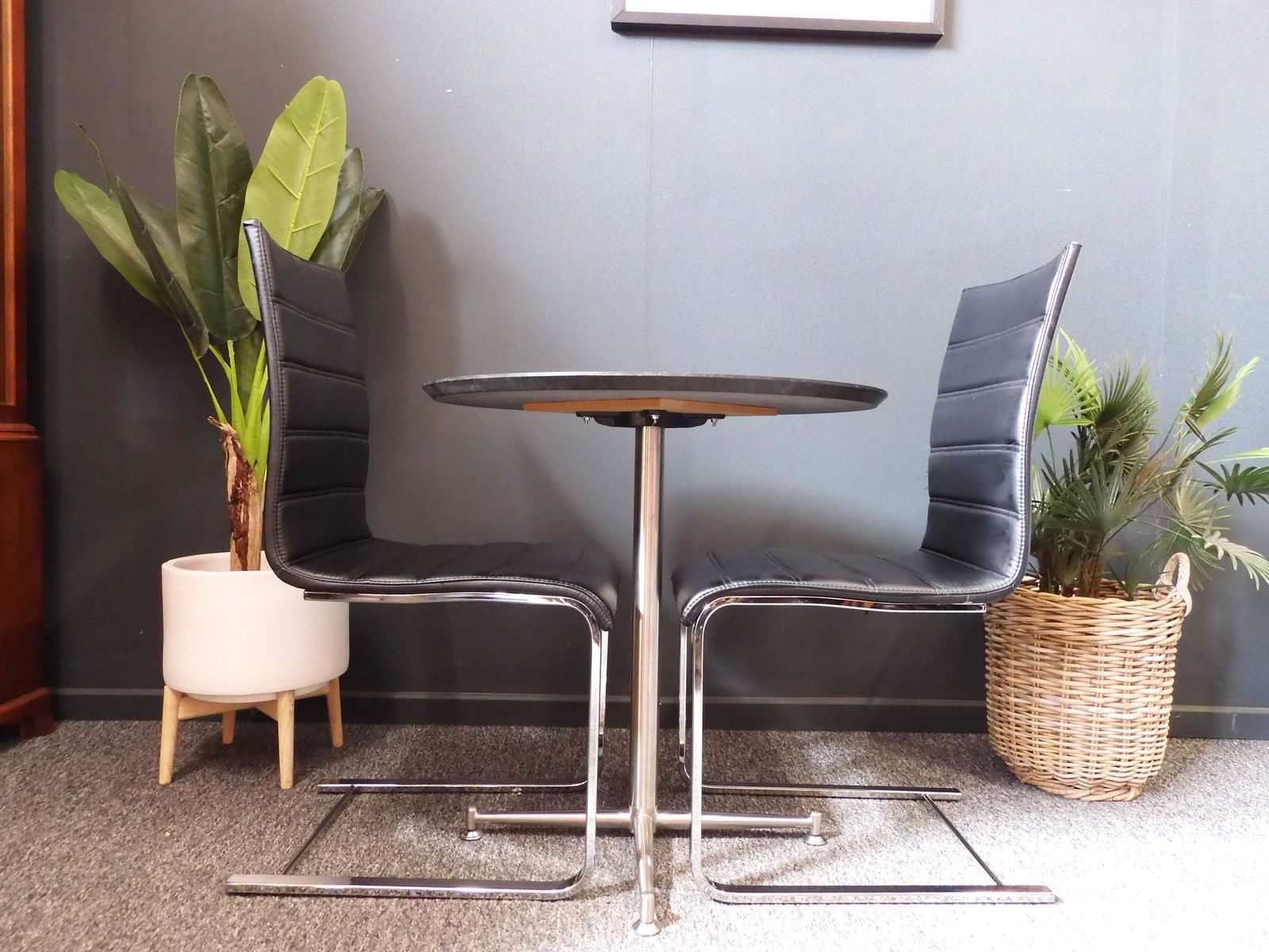 Custom Bespoke Mid Century Modern Bistro Set In Granite And Faux Leather – Unknown Origin, 1960s 1970s