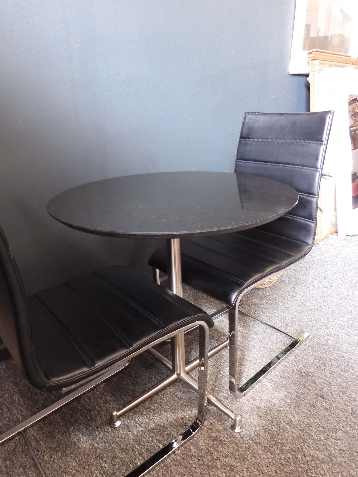 Furniture Custom Bespoke Mid Century Modern Bistro Set In Granite And Faux Leather – Unknown Origin, 1960s 1970s photo