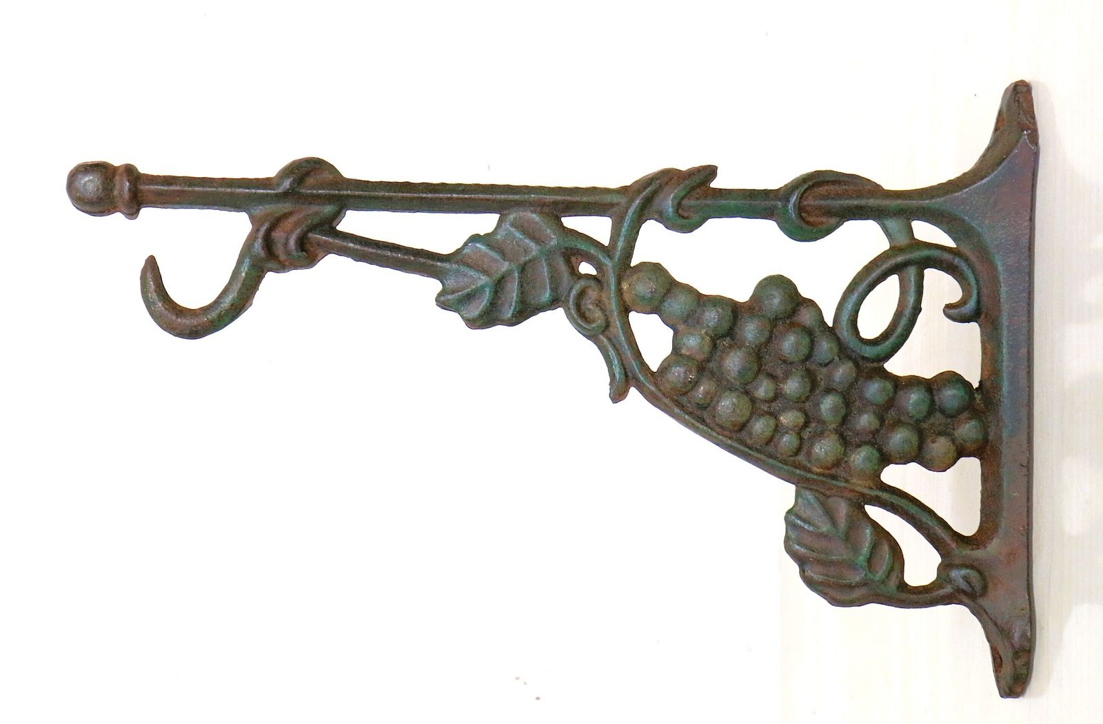 photo for sale Three Vintage French Hanging Basket Bracket Hooks Vineyard Themed Cast Iron