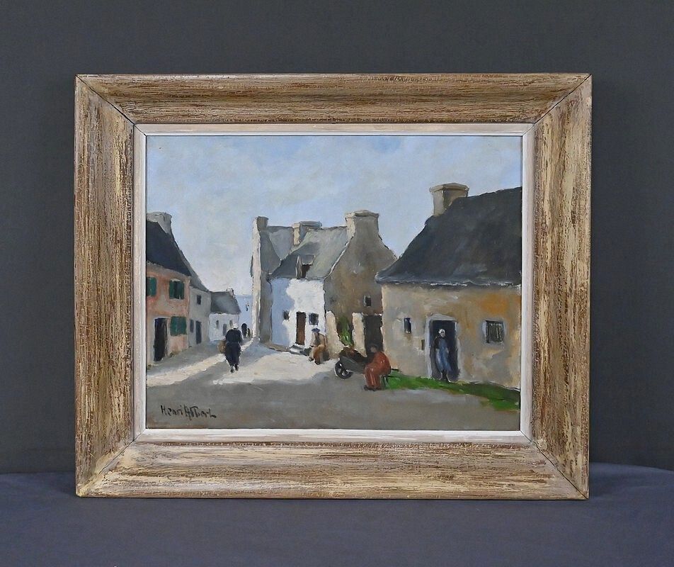Art Painting "Village Scene", Oil On Canvas, Signed H. Albert – First Half Of The 20th Century photo