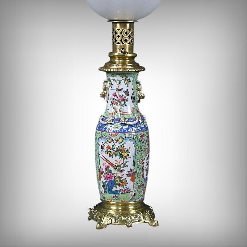 Canton Porcelain & Bronze Oil Lamp, Qing Dynasty, China – Late 19th Century photo furniture