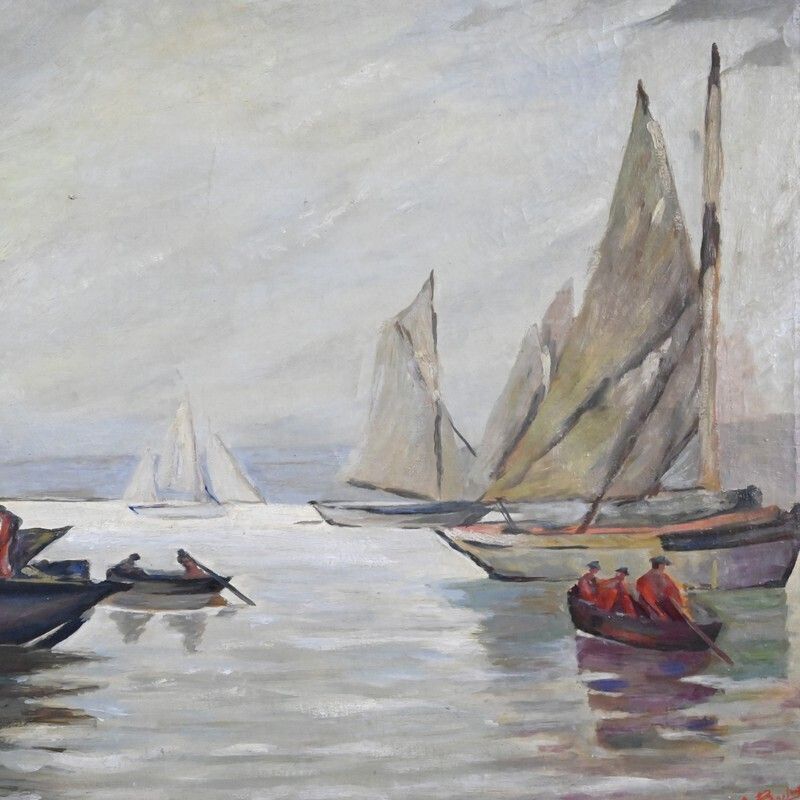 Painting “Sailboats On A Calm Sea”, Oil On Canvas, Signed C. Bustad – 1928 photo furniture