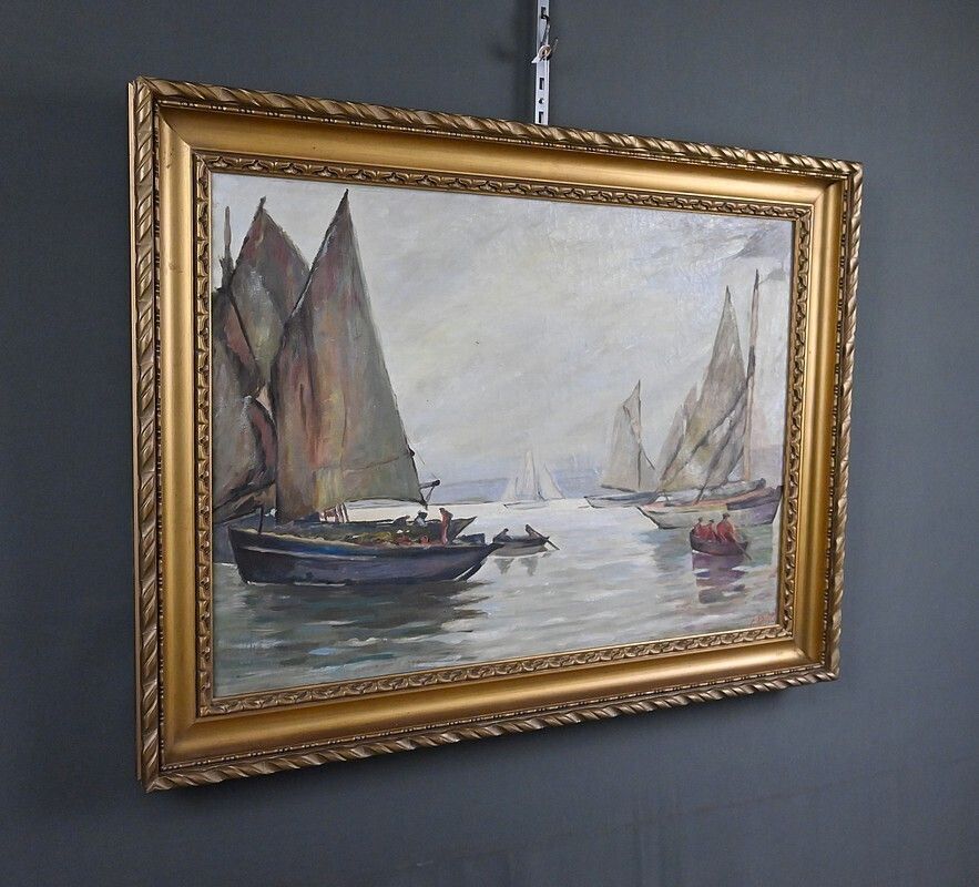 Painting “Sailboats On A Calm Sea”, Oil On Canvas, Signed C. Bustad – 1928 photo for sale