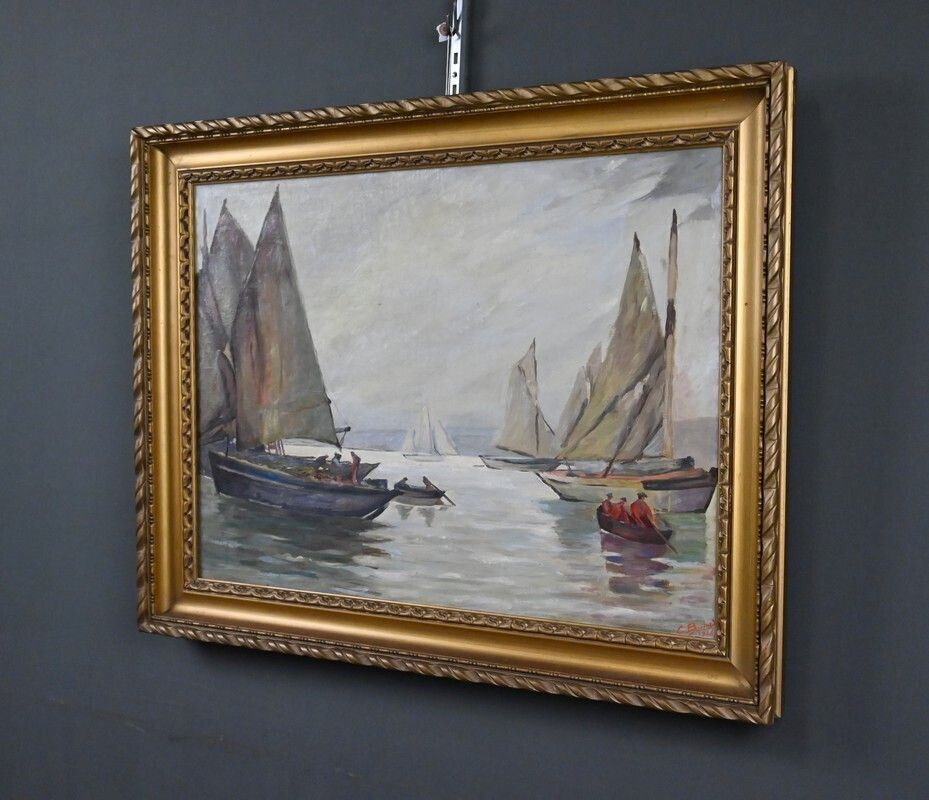 Painting “Sailboats On A Calm Sea”, Oil On Canvas, Signed C. Bustad – 1928 photo Art