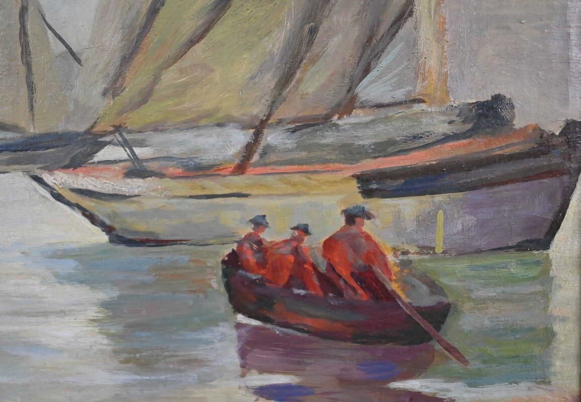 photo for sale Painting “Sailboats On A Calm Sea”, Oil On Canvas, Signed C. Bustad – 1928