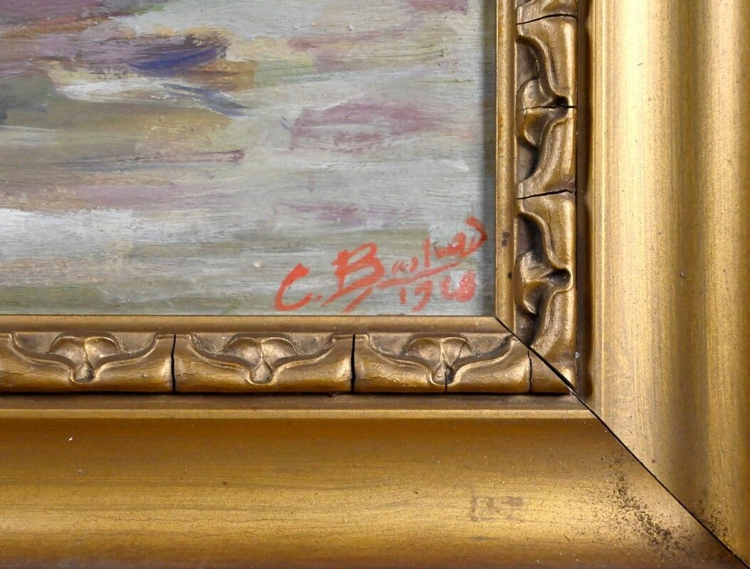 Art Painting “Sailboats On A Calm Sea”, Oil On Canvas, Signed C. Bustad – 1928 photo