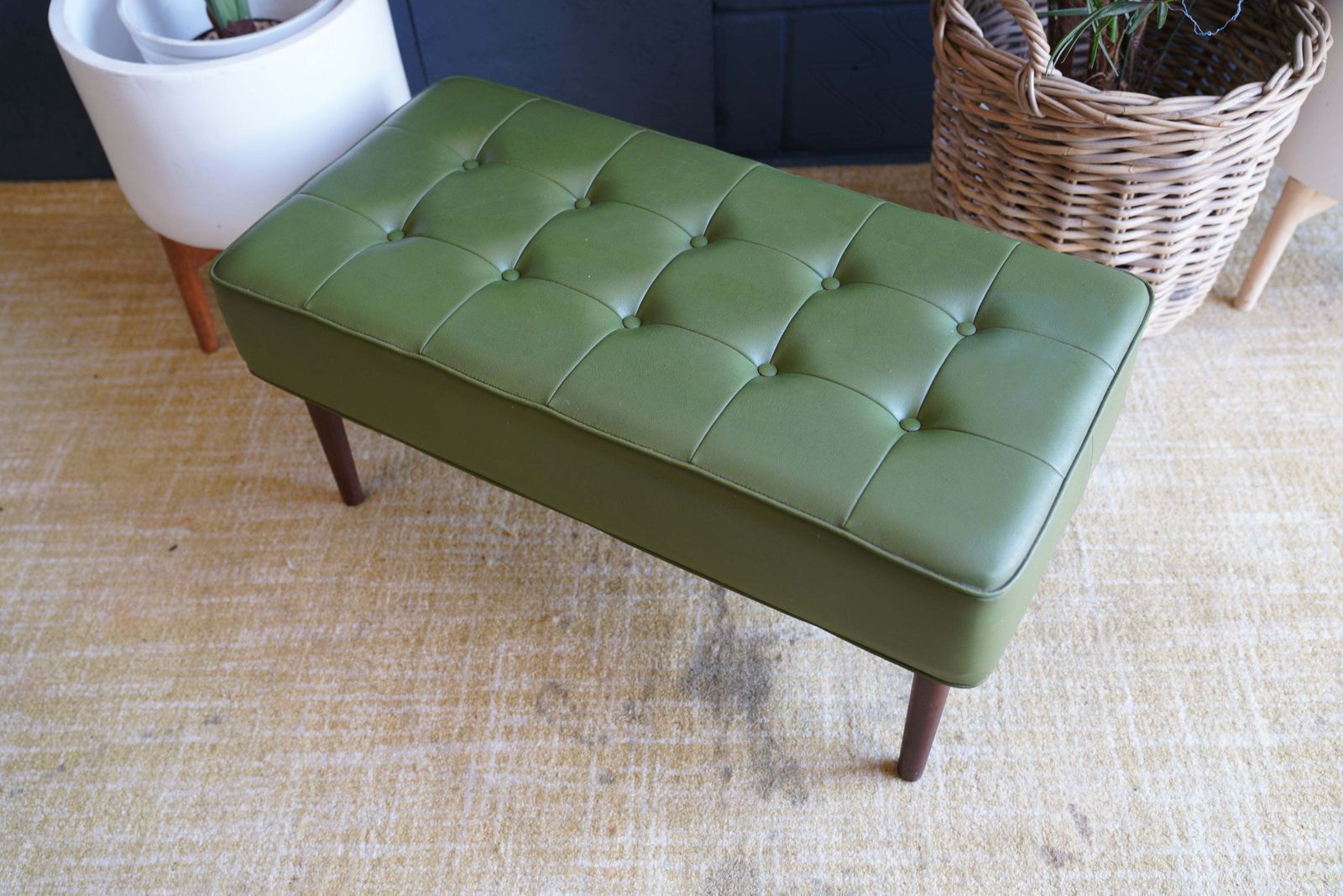 Mid Century Modern Olive Green Vinyl Bench Stool With Tapered Legs photo 295.0