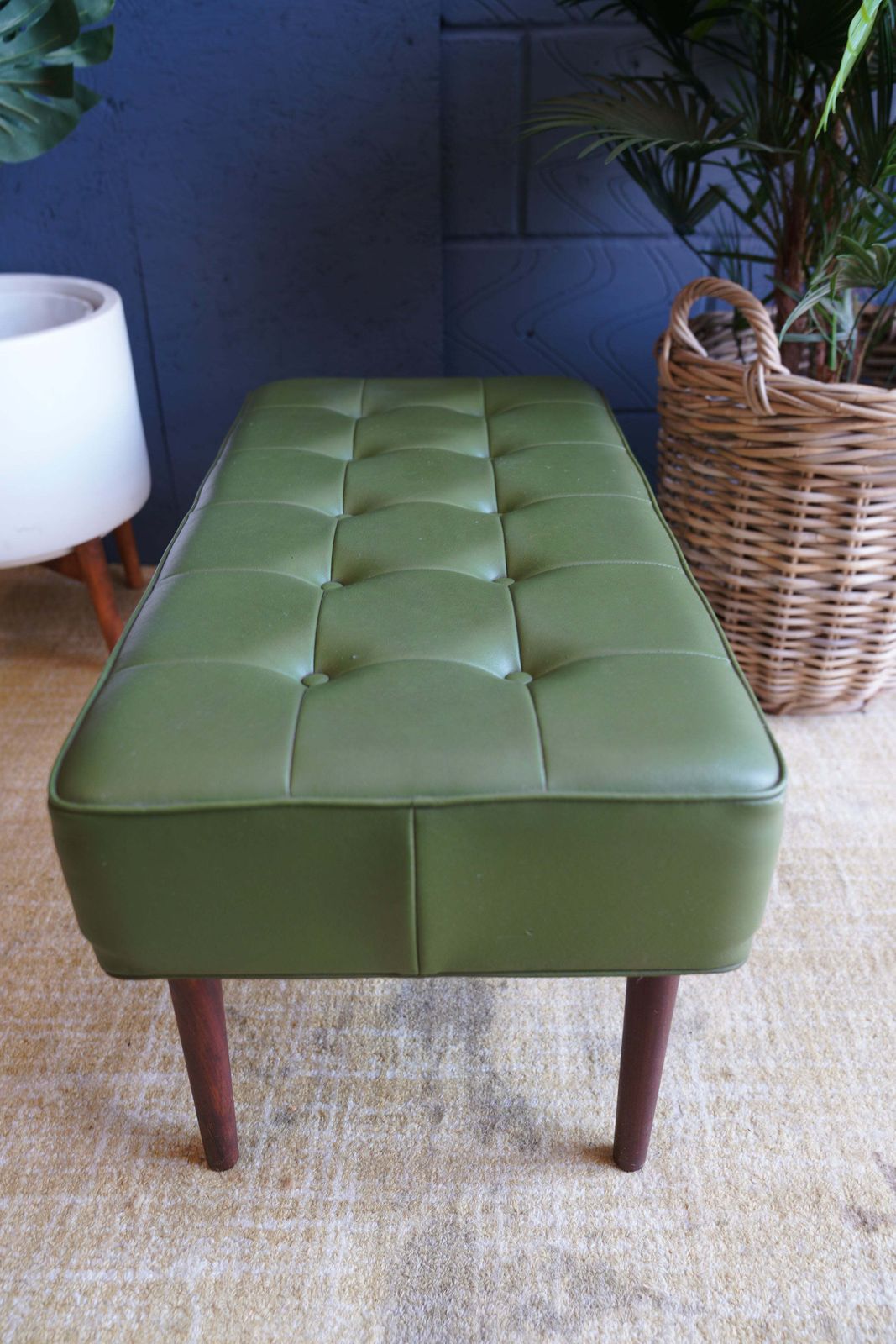 Mid Century Modern Olive Green Vinyl Bench Stool With Tapered Legs photo vintage