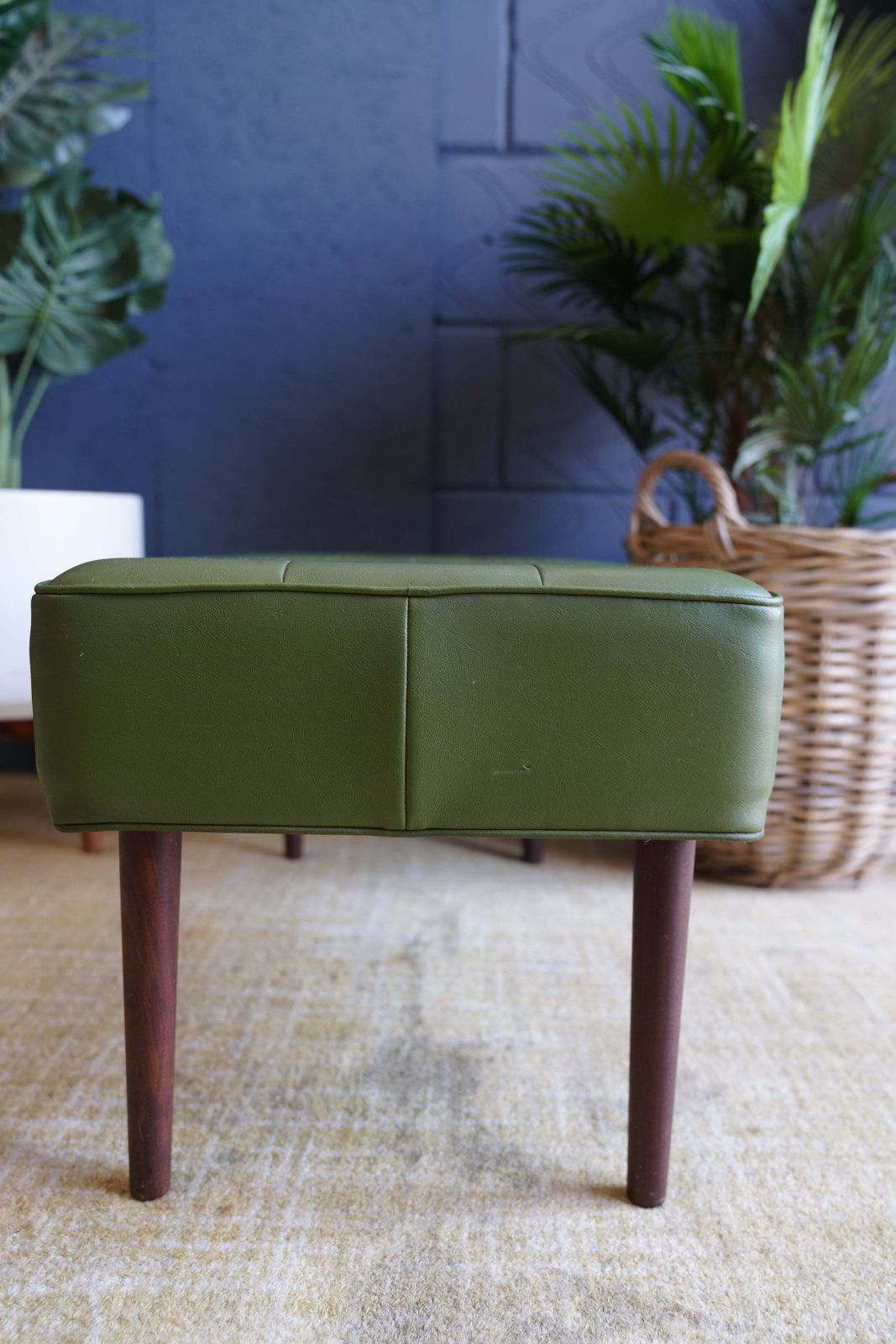 photo furniture Mid Century Modern Olive Green Vinyl Bench Stool With Tapered Legs