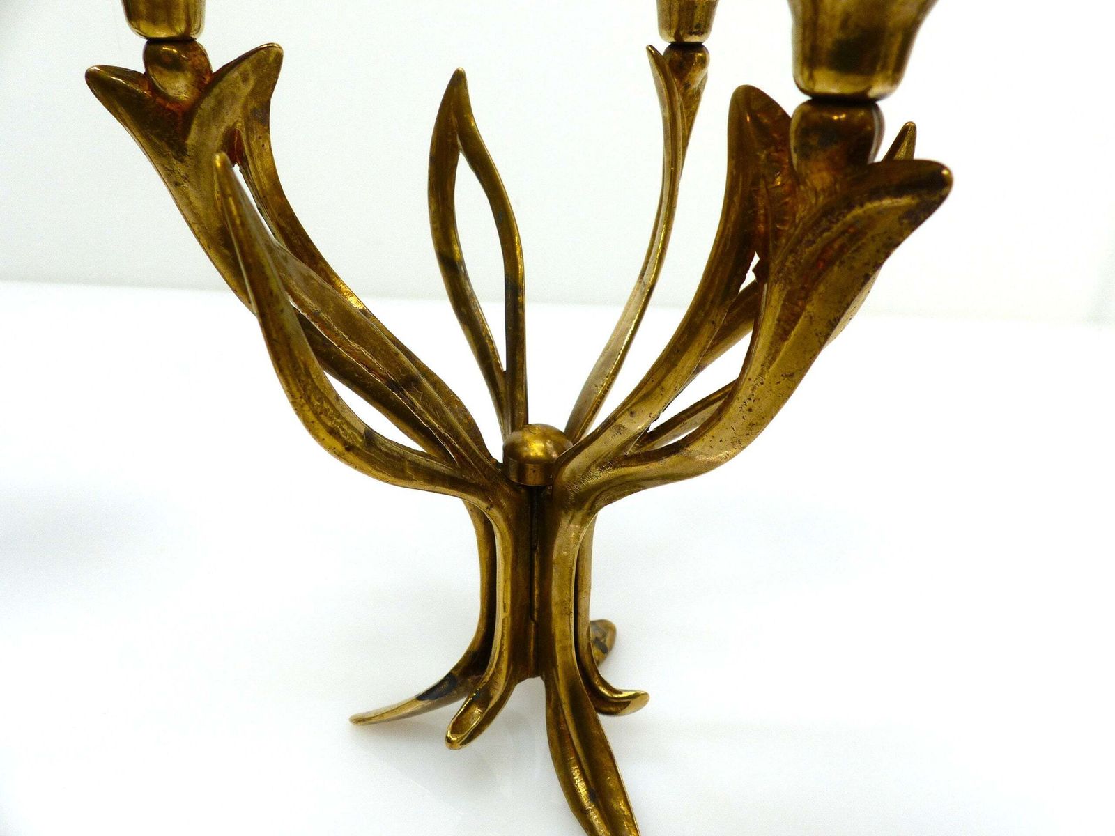 Pair Of Three Light Tripod Brass Candlesticks With Organic Floral Decoration, Circa 1960–1970 photo buy