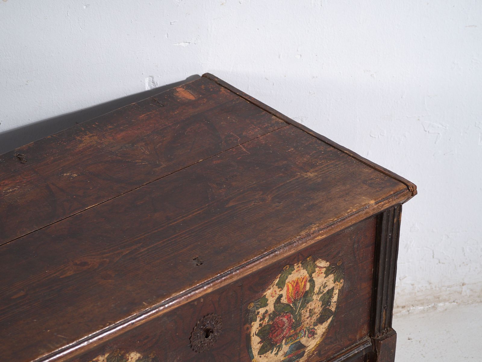 Antique Central European Polychrome Pine Dowry Chest With Floral Cartouches – Tyrol, Circa 1890 photo for sale