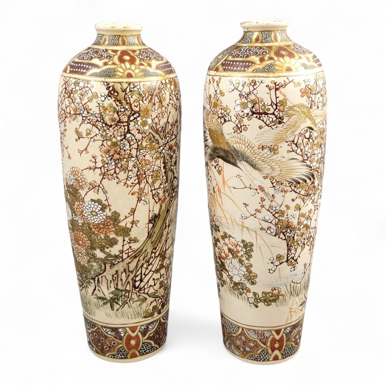Pair Kyoto Satsuma Vases, Cranes & Plum Blossom, Meiji C.1890–1905 photo for sale