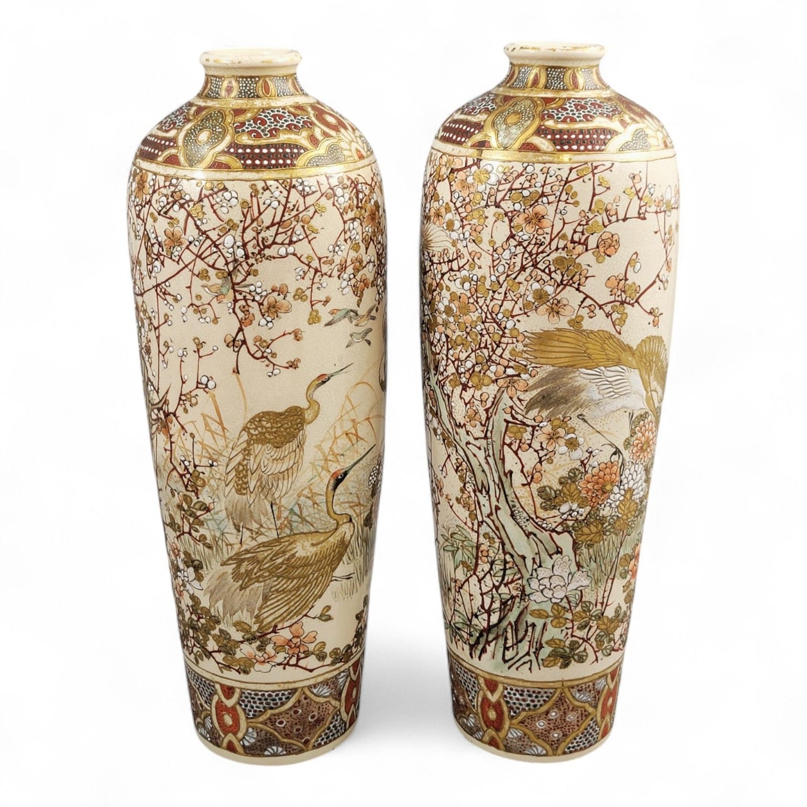 Pair Kyoto Satsuma Vases, Cranes & Plum Blossom, Meiji C.1890–1905 photo 3250.0