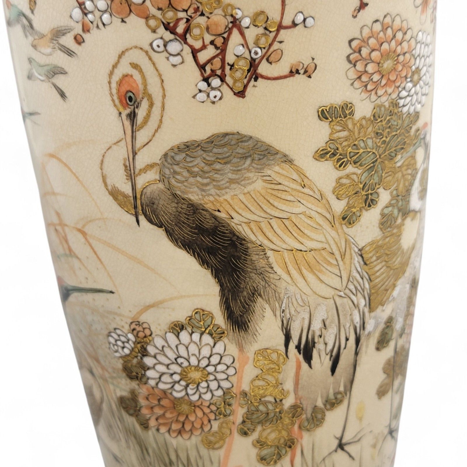 photo buy Pair Kyoto Satsuma Vases, Cranes & Plum Blossom, Meiji C.1890–1905