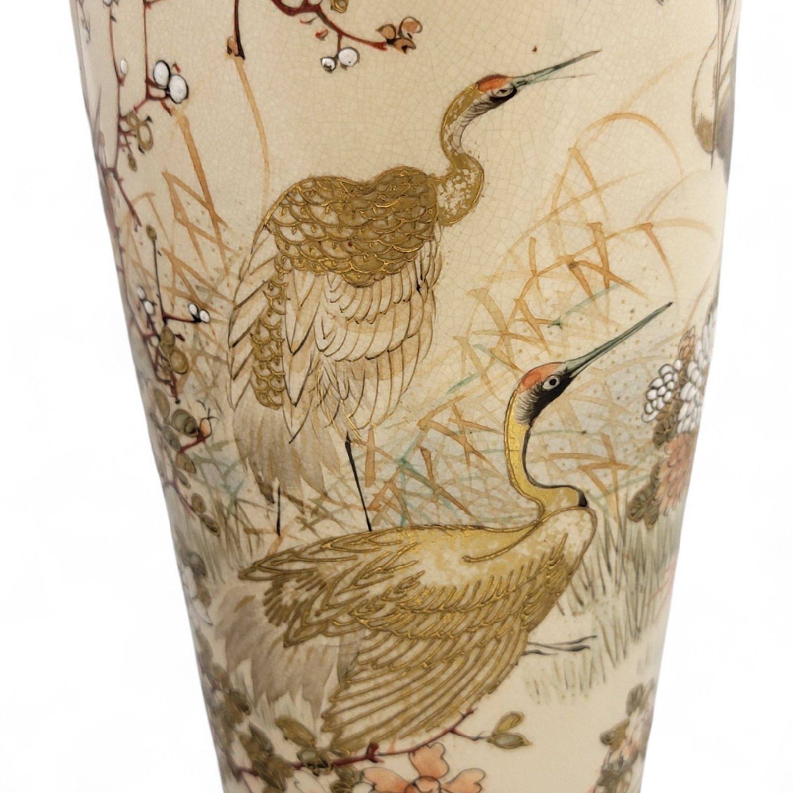 photo vintage Pair Kyoto Satsuma Vases, Cranes & Plum Blossom, Meiji C.1890–1905