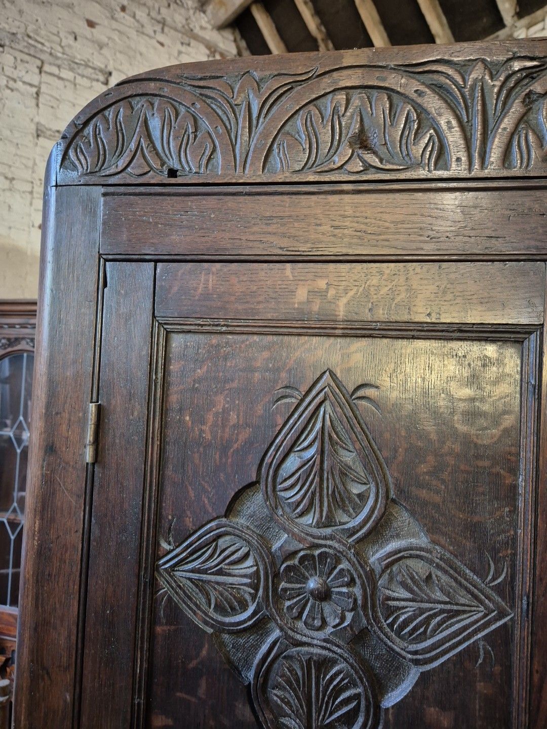 photo furniture 1920's Jacobean Style Large Carved Oak Corner Cabinet On Barley Twist Legs