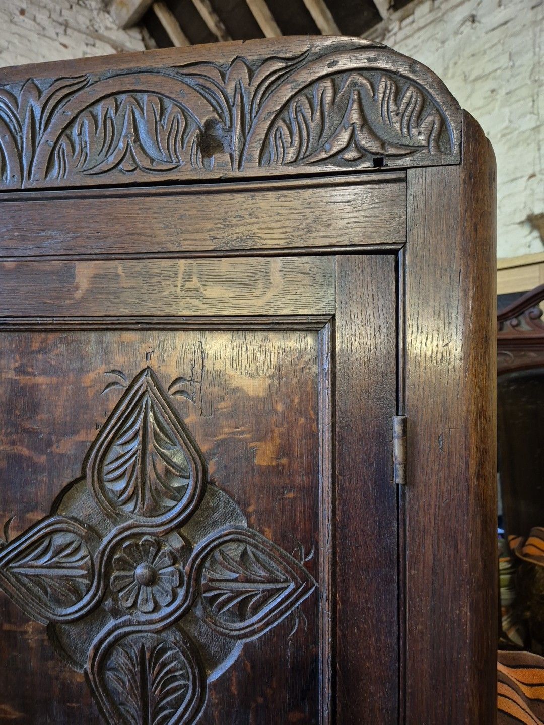 Furniture 1920's Jacobean Style Large Carved Oak Corner Cabinet On Barley Twist Legs photo