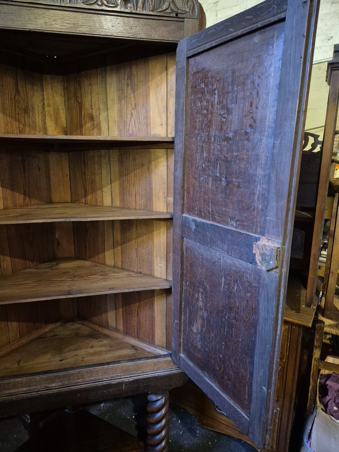 photo buy 1920's Jacobean Style Large Carved Oak Corner Cabinet On Barley Twist Legs