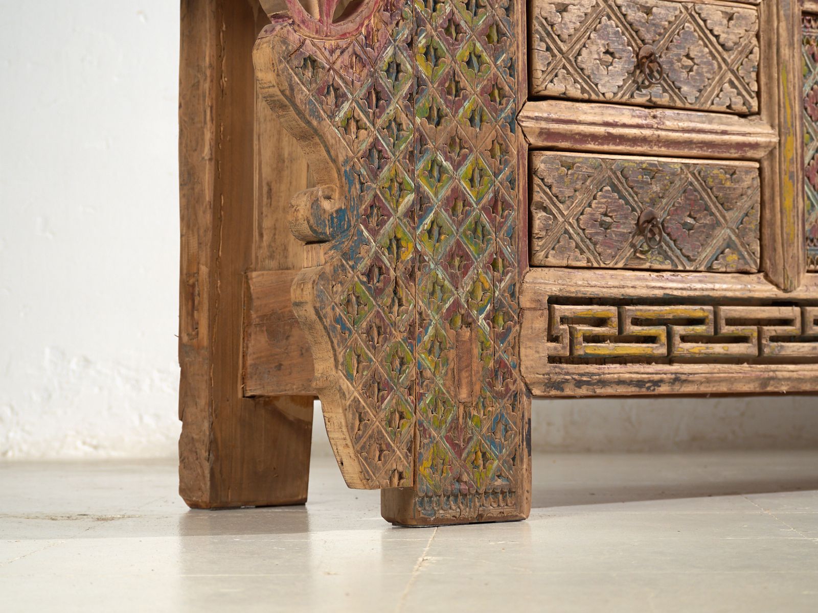 Antique Chinese Carved Fir Low Sideboard With Ornate Panels – Gansu, Circa 1930 photo for sale