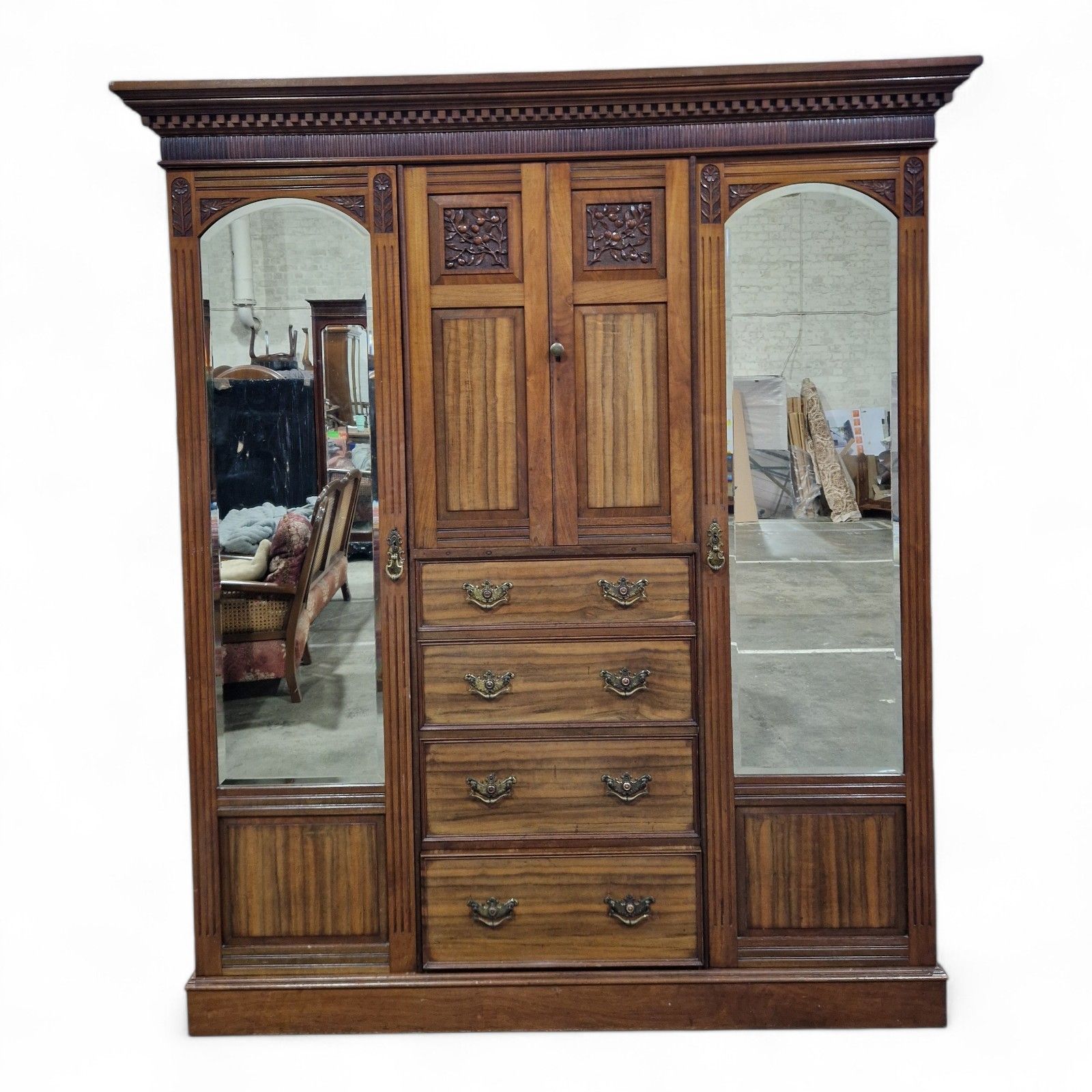 Victorian Combination Wardrobe Antique Carved Walnut Large Triple Wardrobe photo Furniture