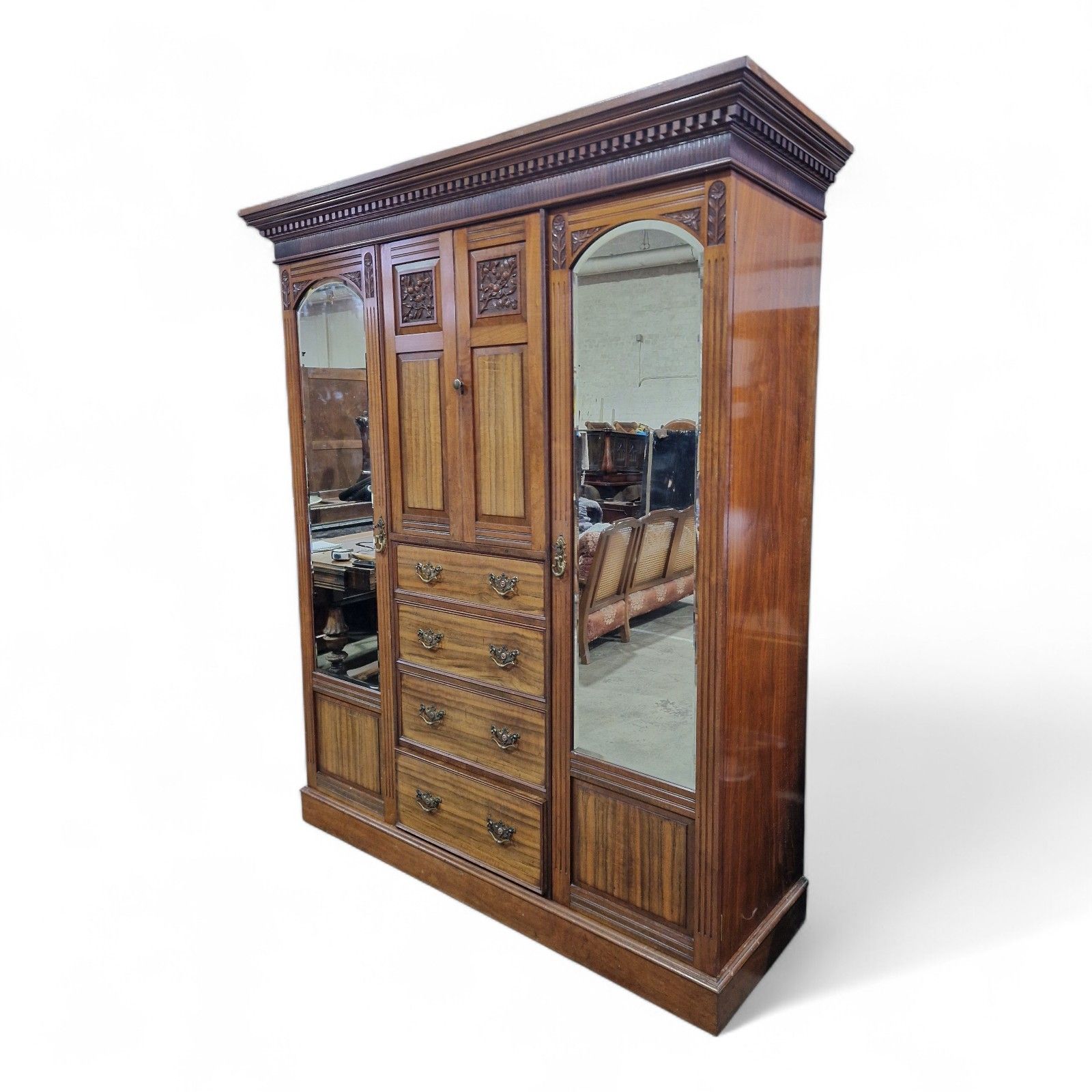 Victorian Combination Wardrobe Antique Carved Walnut Large Triple Wardrobe photo vinterior