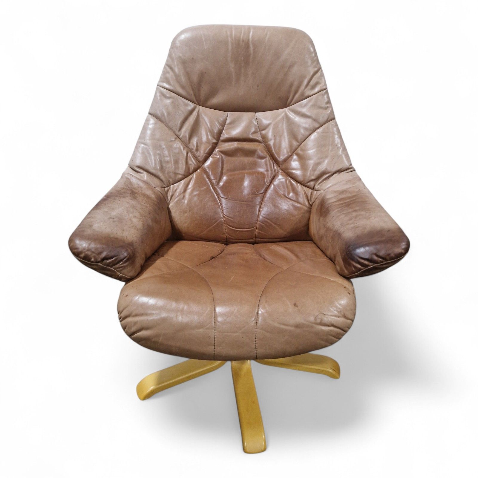 Vintage Leather Swivel Recliner Easy Chair Mid Century Style Armchair Tan Brown photo for sale