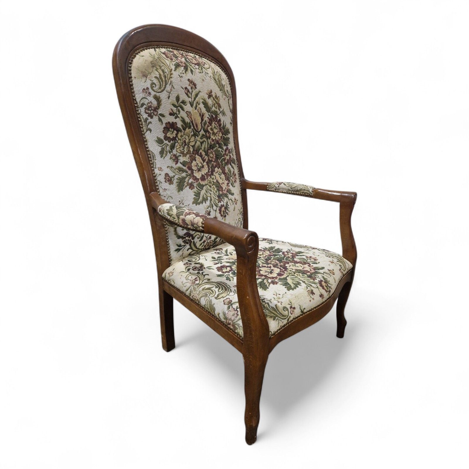 French Carved Armchair Antique Style Upholstered Floral Tapestry Accent Chair photo vintage