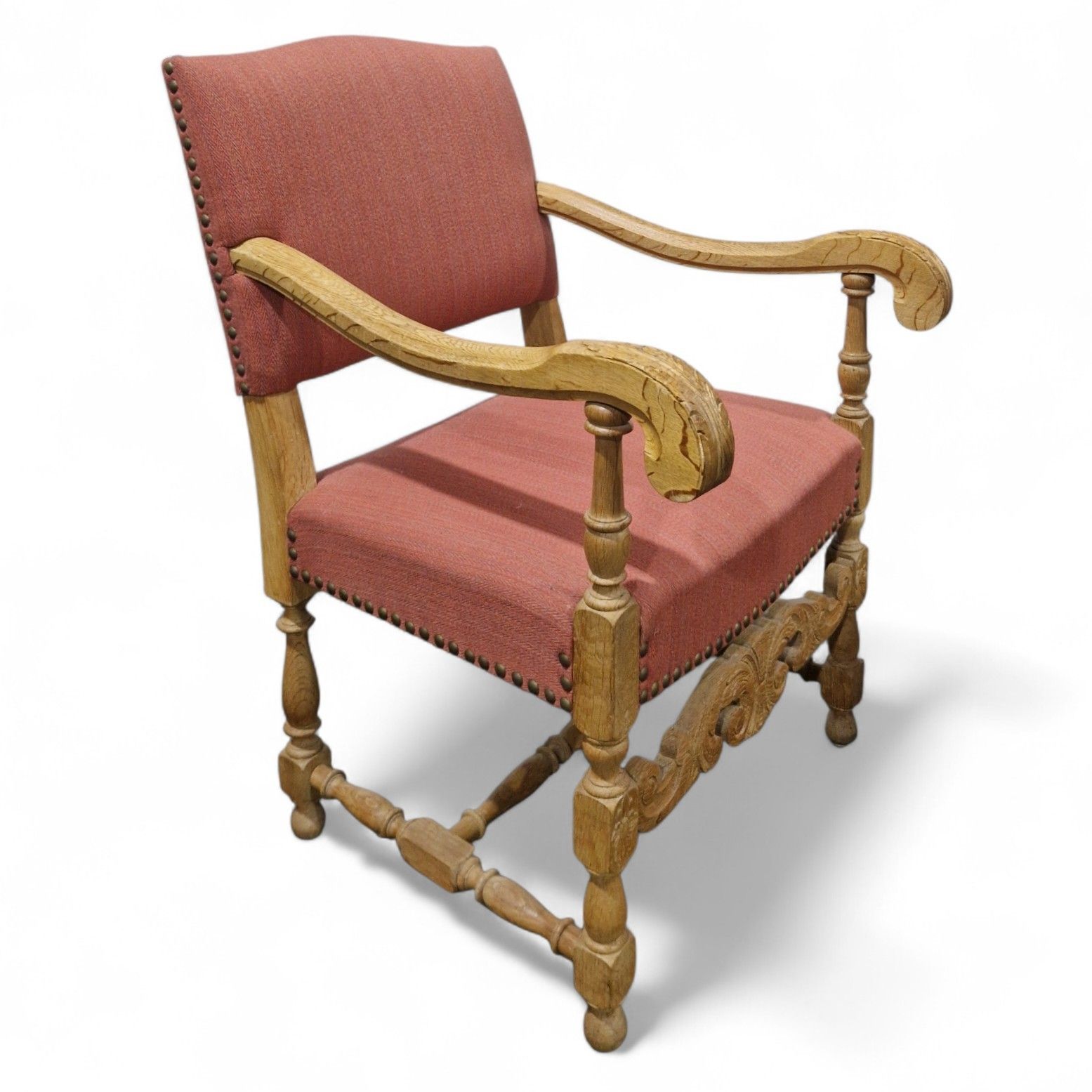 French Carved Oak Armchair Antique Continental Upholstered Wooden Accent Chair photo vinterior