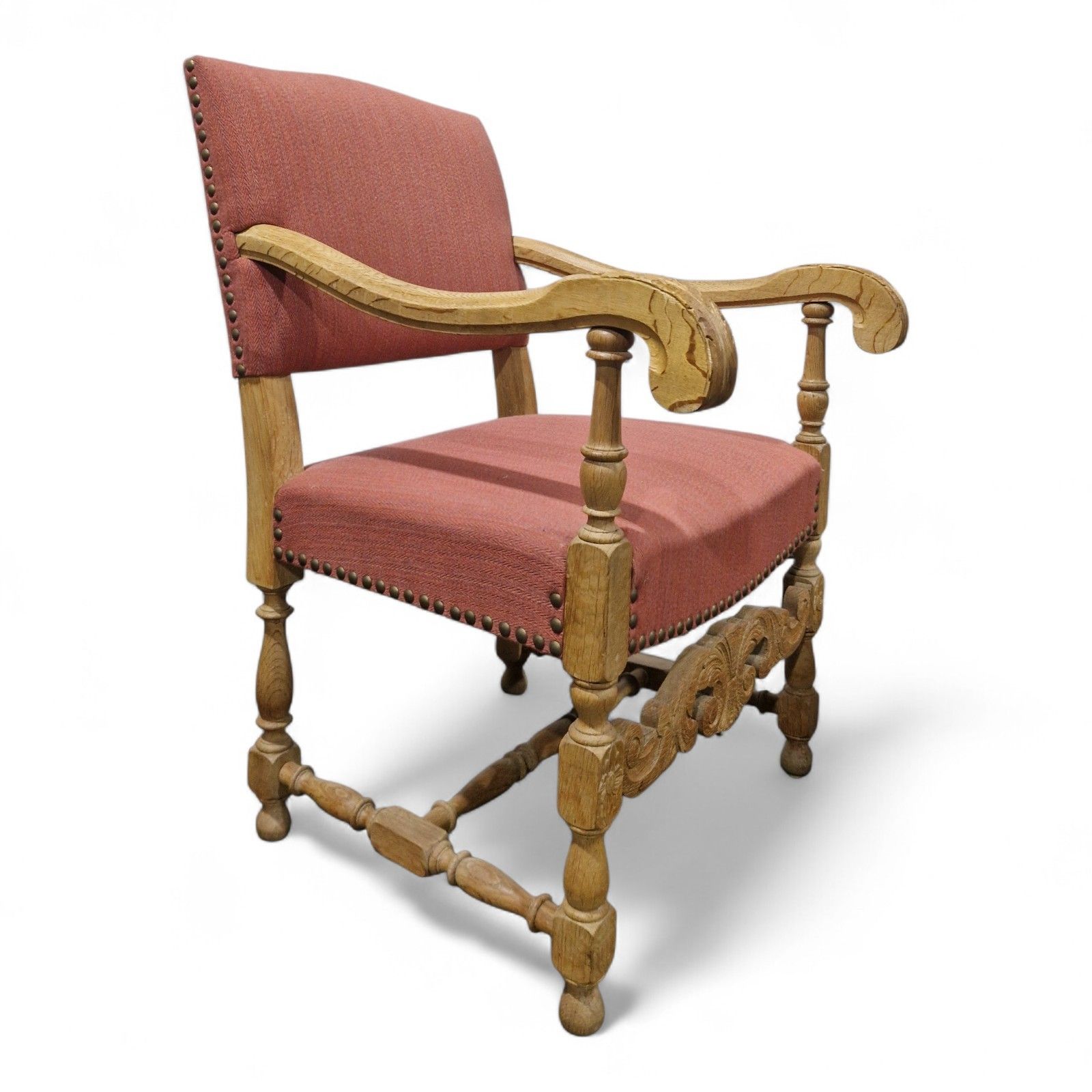 French Carved Oak Armchair Antique Continental Upholstered Wooden Accent Chair photo buy