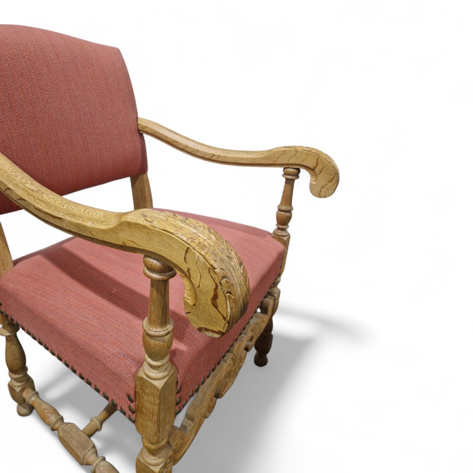 French Carved Oak Armchair Antique Continental Upholstered Wooden Accent Chair photo vintage