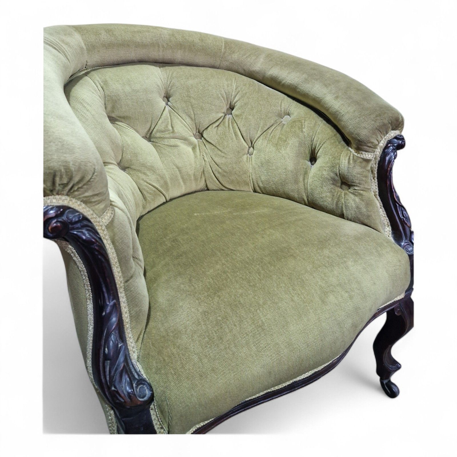 Antique Victorian Tub Chair Horseshoe Bow Back Buttoned Upholstered Armchair photo vinterior
