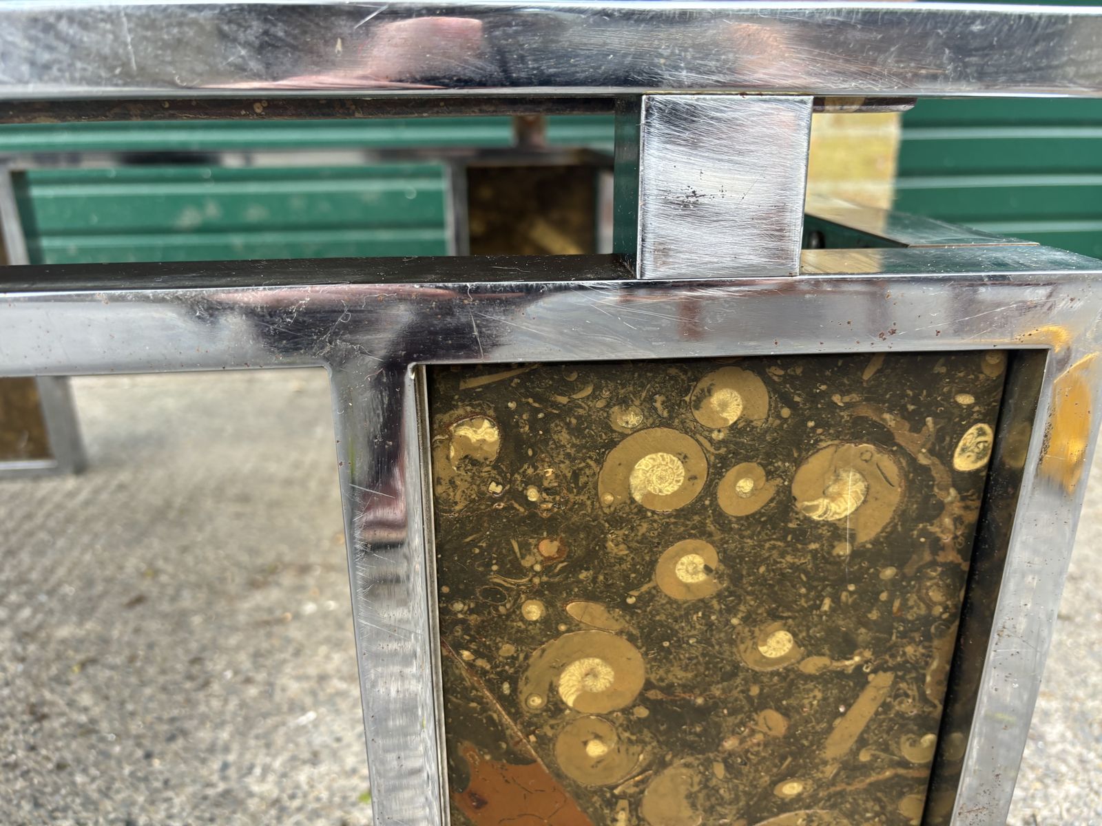 Vintage 1970s Inlaid Fossils + Steel Coffee Table   Style Of Ronald Schmitt photo furniture