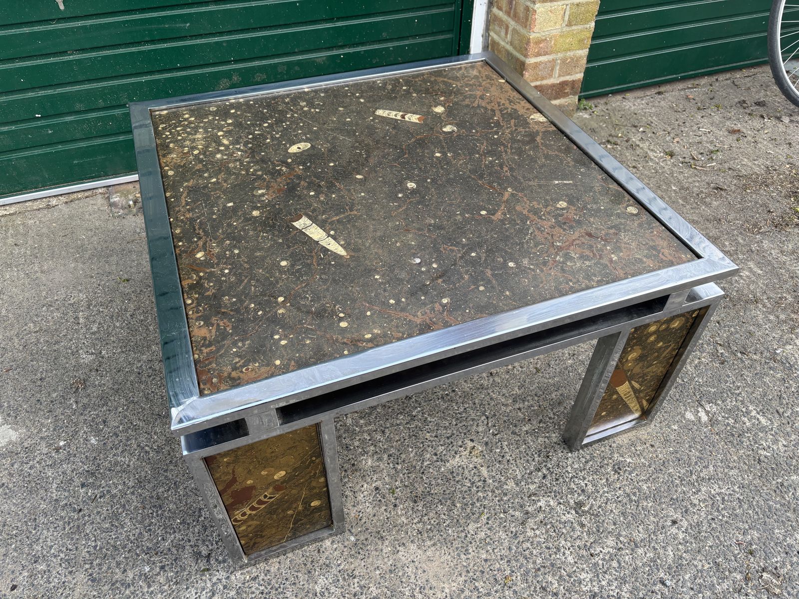 Vintage 1970s Inlaid Fossils + Steel Coffee Table   Style Of Ronald Schmitt photo vinterior