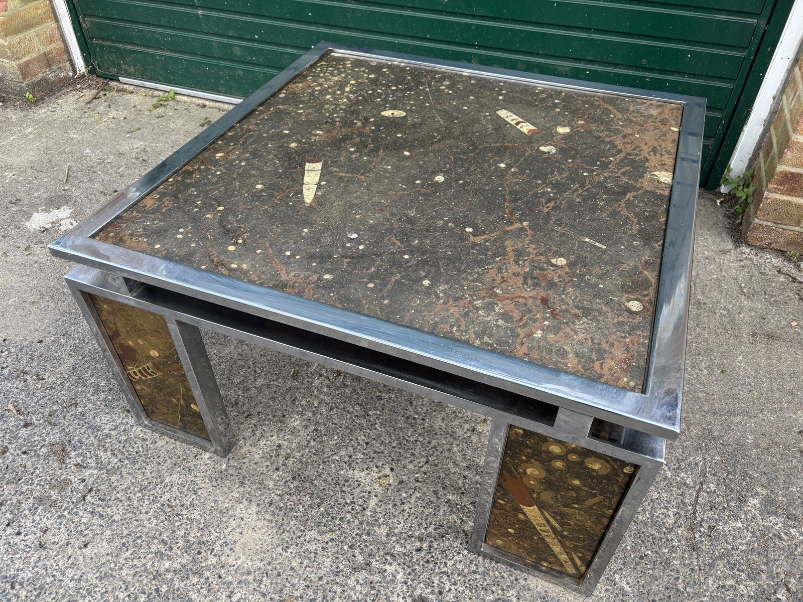 photo for sale Vintage 1970s Inlaid Fossils + Steel Coffee Table   Style Of Ronald Schmitt