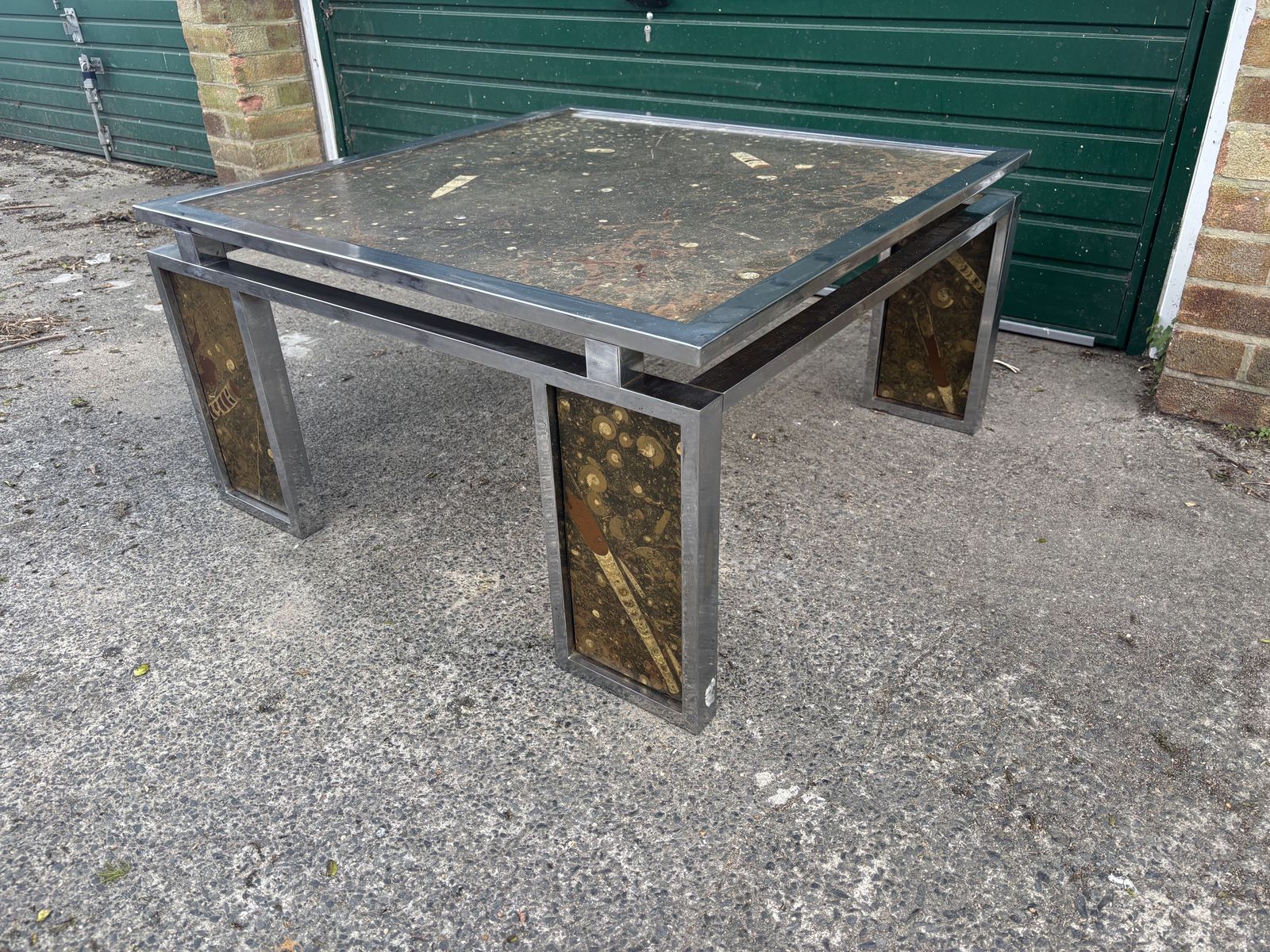 photo vintage Vintage 1970s Inlaid Fossils + Steel Coffee Table   Style Of Ronald Schmitt