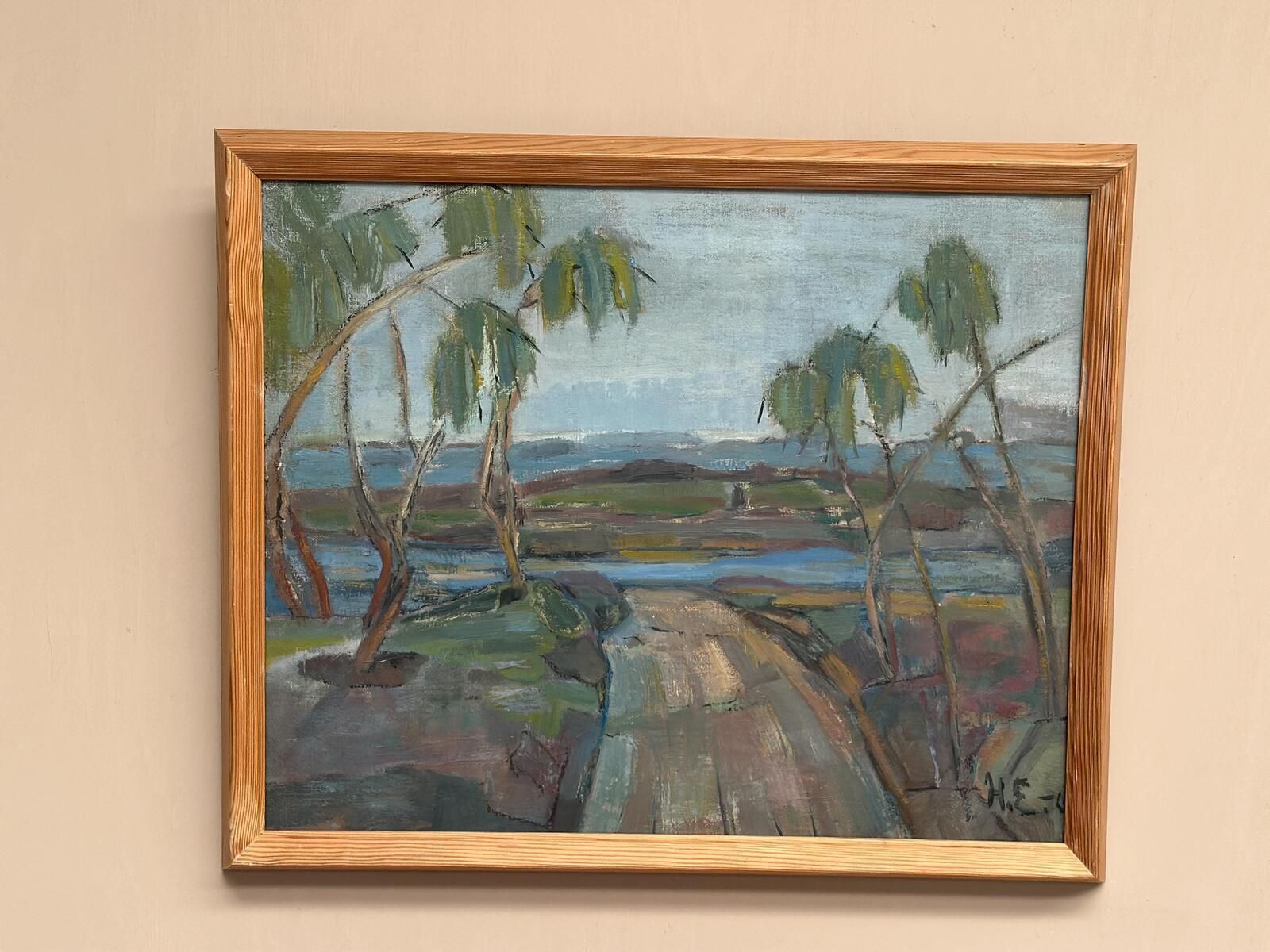 Original Mid Century Scandinavian Oil On Canvas – Path “H.E.” (1960) – Signed – Vintage & Framed – 52 × 43 Cm (20.5" × 16.9") photo for sale
