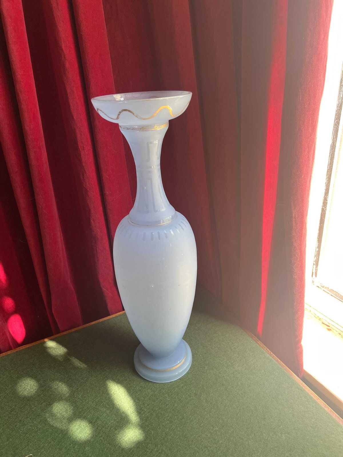 Rare Antique Satin Glass Vase. Blue Opaque Glass Tall Vase With Gold Detail. Victoriana Collector Gift. photo furniture