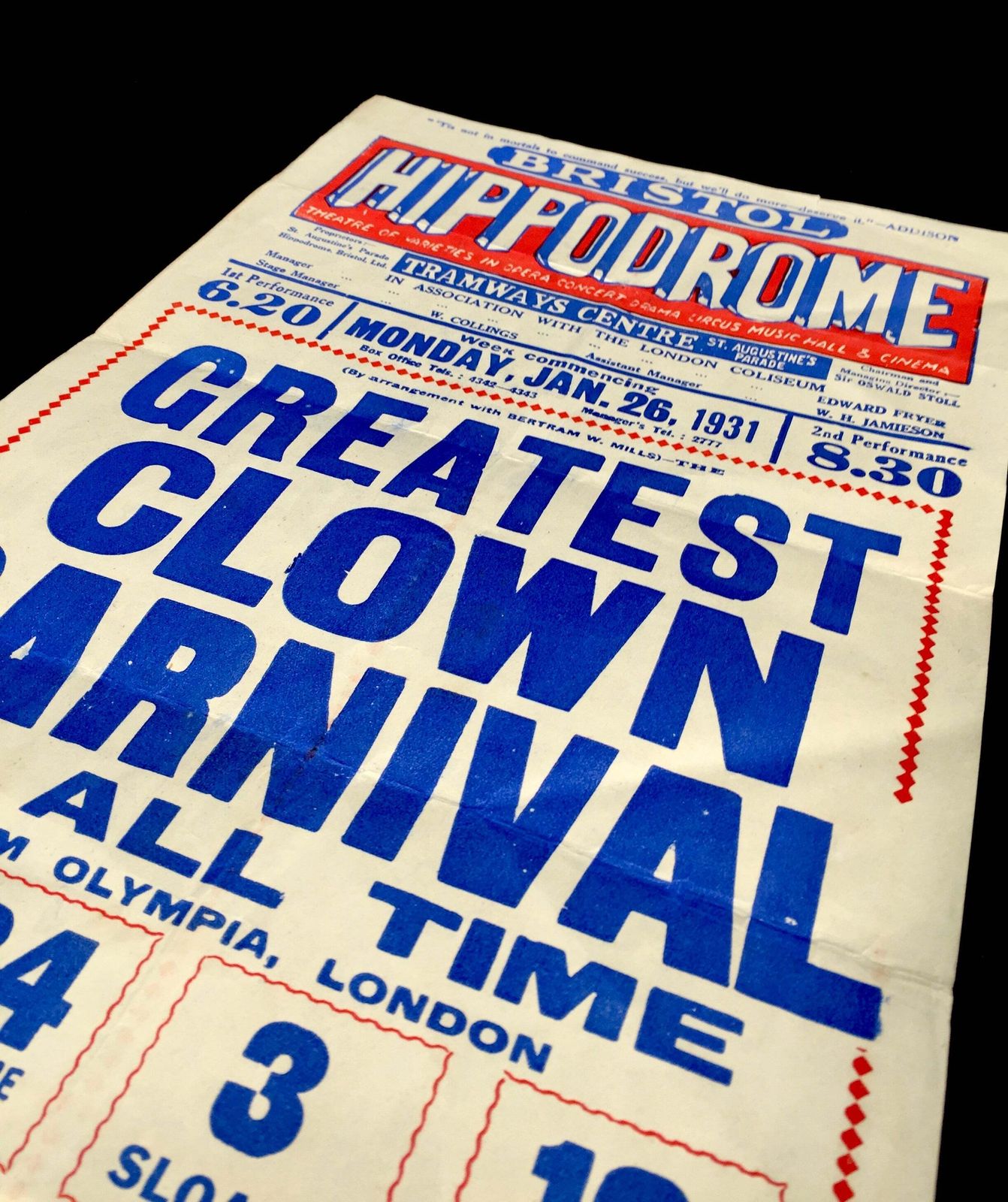 Antique Advertising Theatre Poster For Greatest Clown Carnival In Bristol C.1930 photo Art