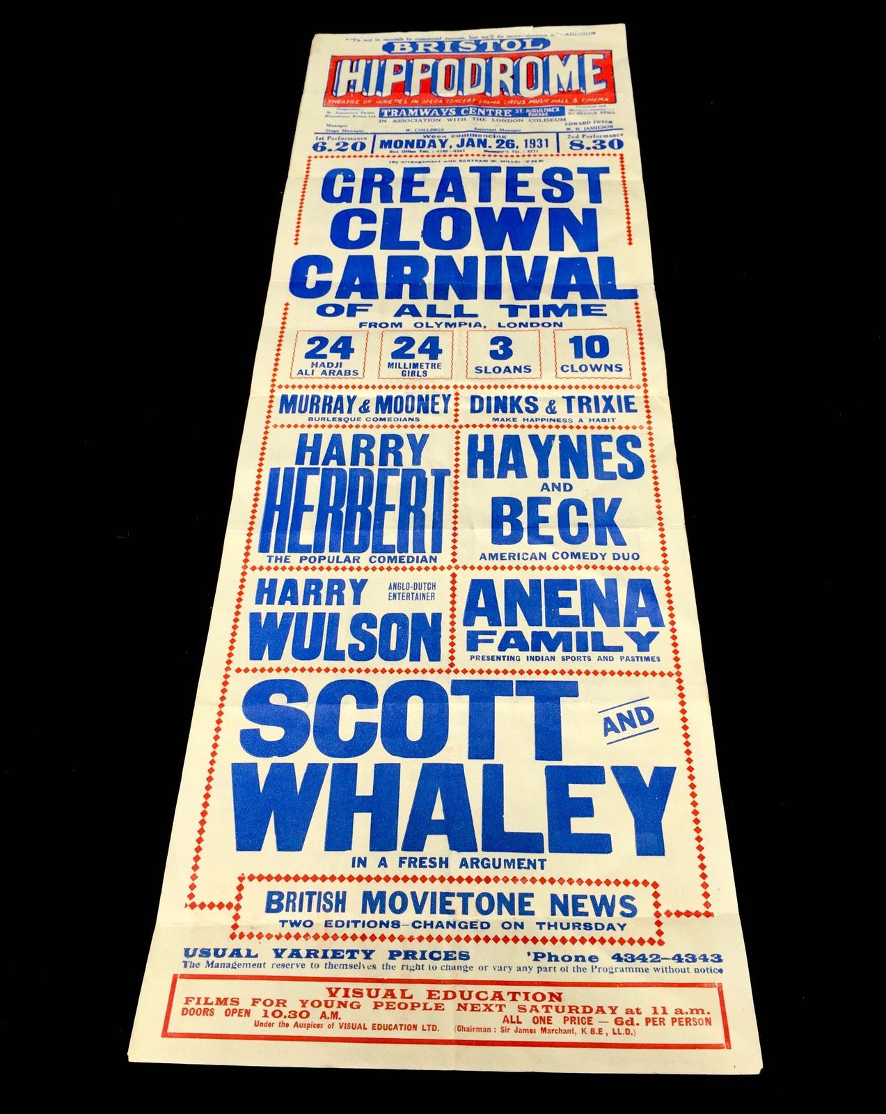 Antique Advertising Theatre Poster For Greatest Clown Carnival In Bristol C.1930 photo 139.0