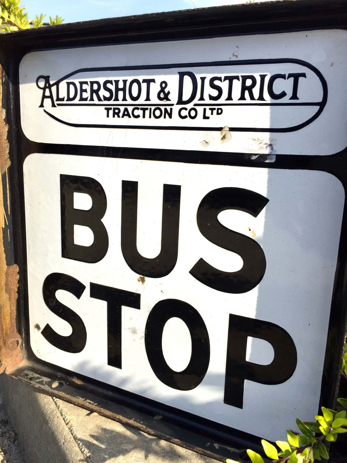 Antique Wall Mounted Double Sided Enamel Bus Stop Sign Aldershot & District 1950 photo for sale