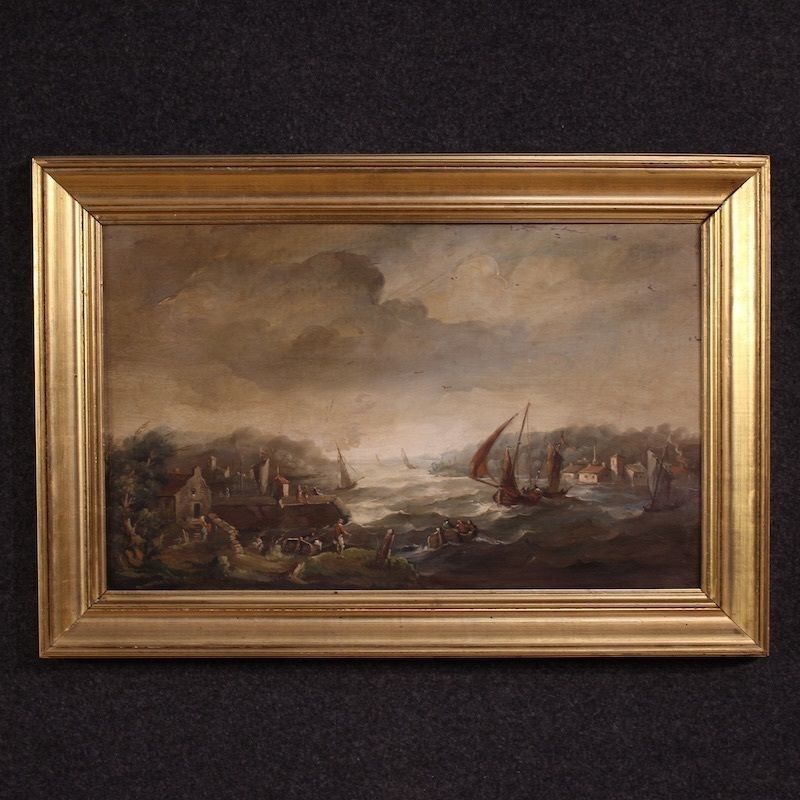 Flemish Painting Seascape With Boats And Characters From The 20th Century