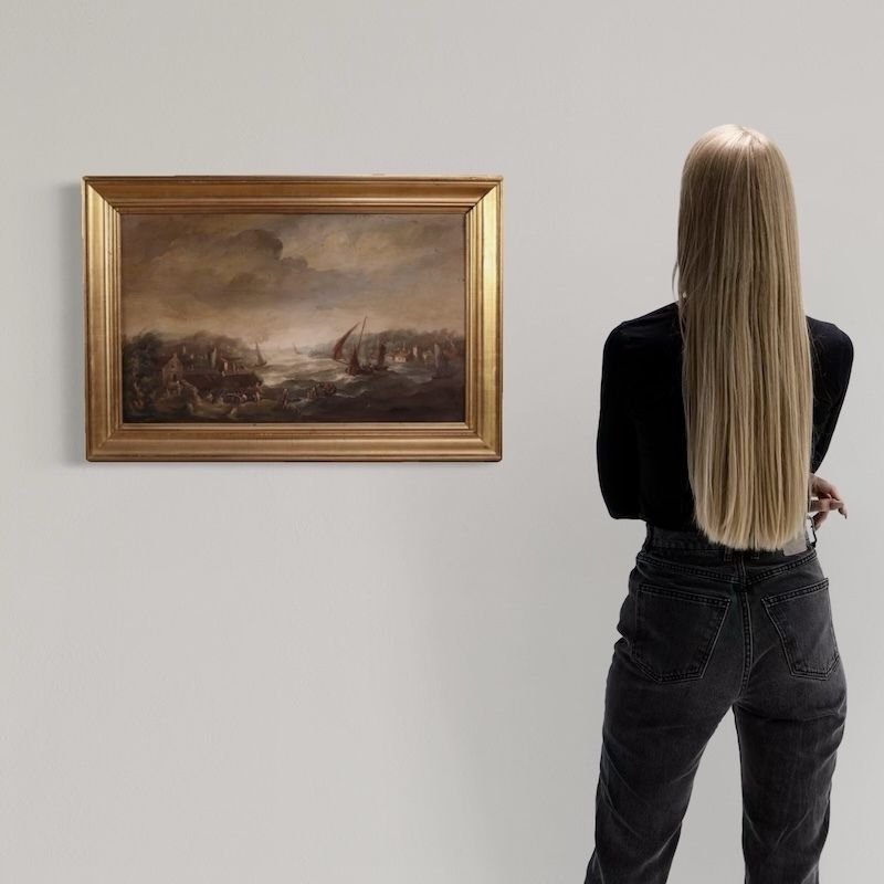 Peinture flamande, marine avec bateaux et personnages, XXe siècle photo furniture