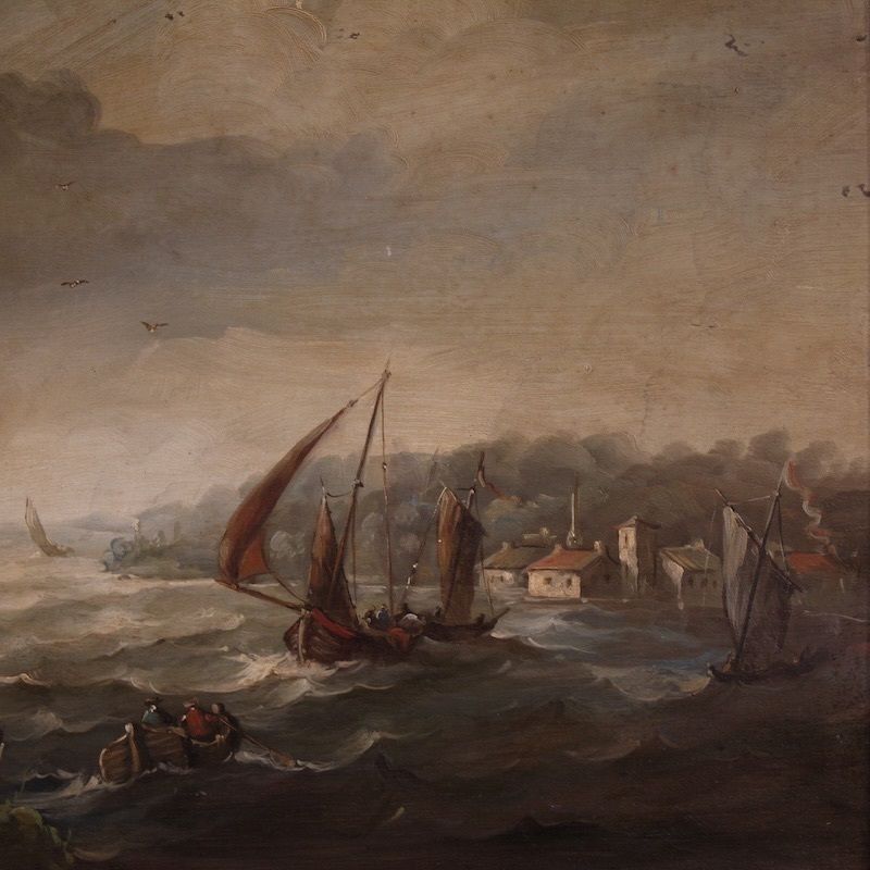 Peinture flamande, marine avec bateaux et personnages, XXe siècle photo vinterior