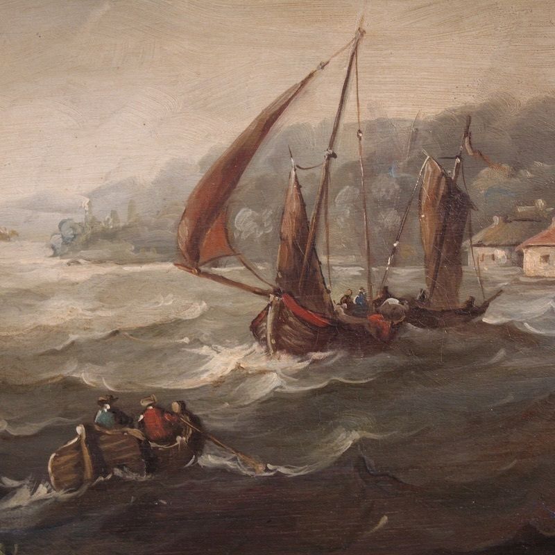 photo furniture Peinture flamande, marine avec bateaux et personnages, XXe siècle