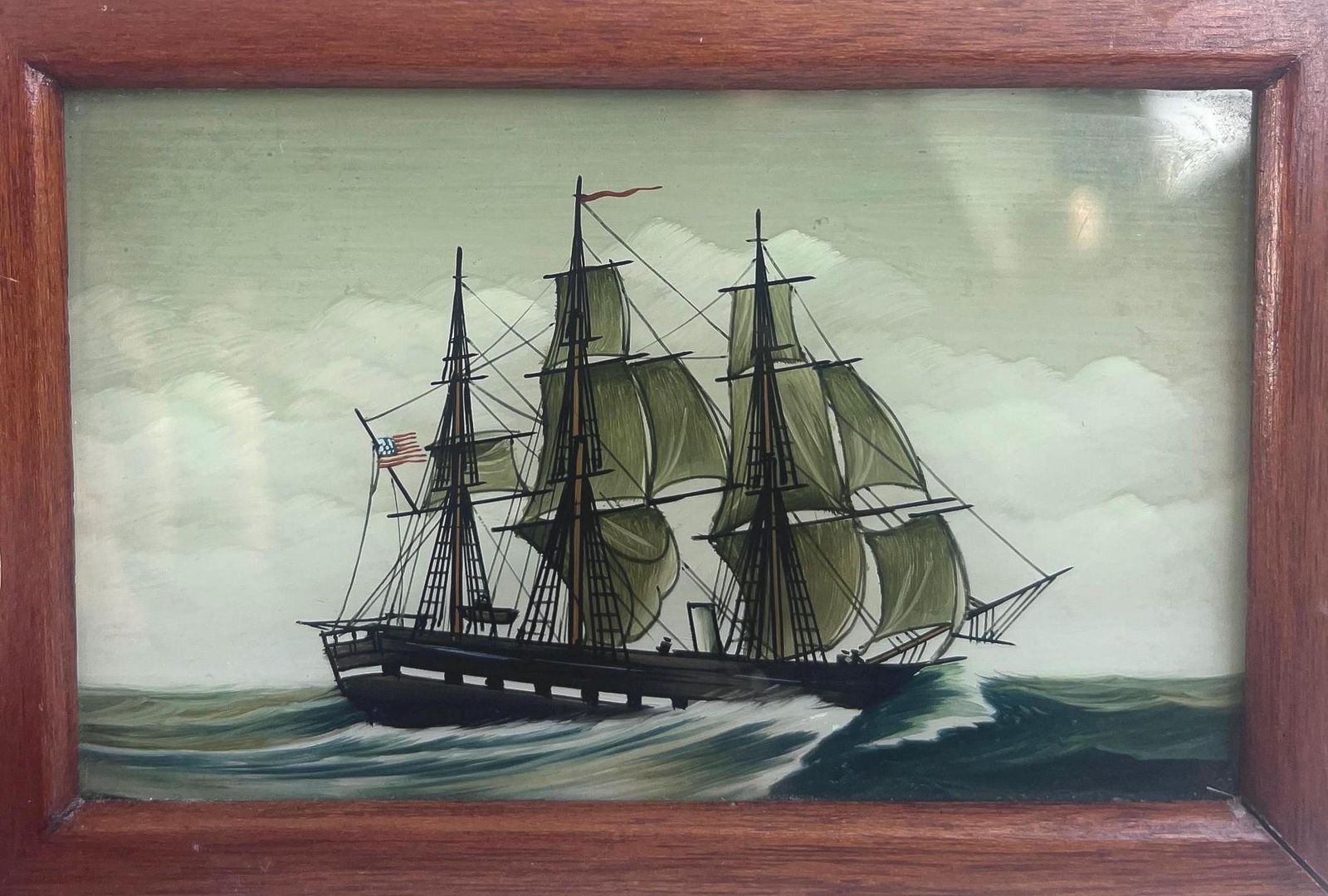 Vintage Reverse Glass Ship Painting Framed Nautical Wall Art Maritime Picture photo furniture