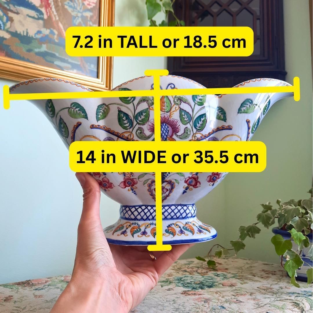 Large C1940's Carvalhinho Portuguese Hand Painted Floral Scalloped Pedestal Centrepiece Bowl photo for sale