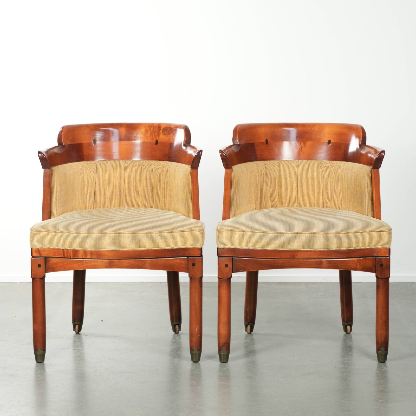 Set Of Two Beautiful Schuitema Design Side/Desk/Dining Chairs From The Shaker Series With A Wooden Frame And Luxurious Yellow Fabric Upholstery.