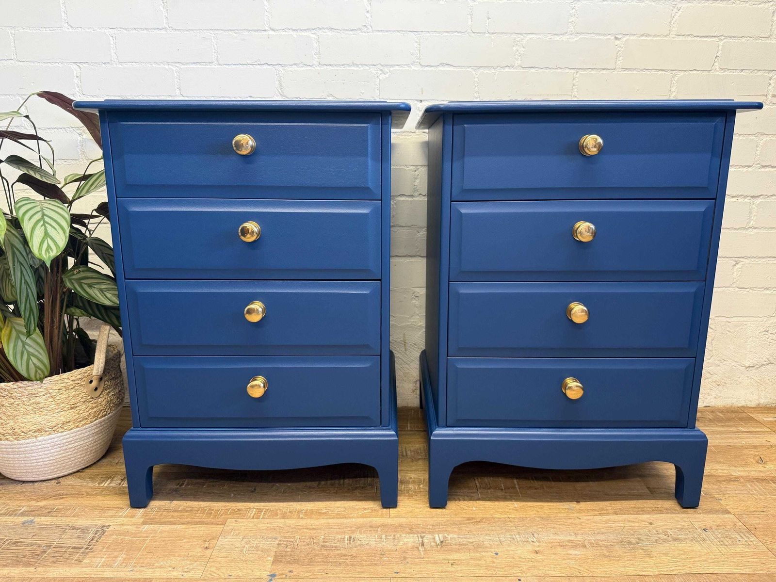 Stag Minstrel Bedside Chest Of Drawers – Painted In Symphony Blue – Polished Brass Knobs