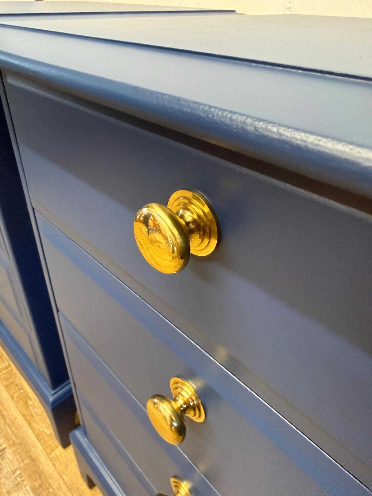 Furniture Stag Minstrel Bedside Chest Of Drawers – Painted In Symphony Blue – Polished Brass Knobs photo